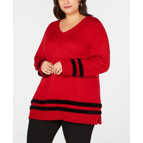 NWT Womens Plus Size 3X Calvin Klein Red Eyelash-Trim Striped V-Neck Sweater - Picture 1 of 3